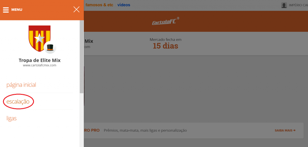 escalação menu